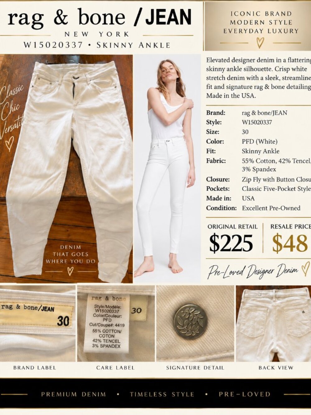 rag & bone/JEAN W15020337 White Skinny Ankle Jeans – Size 30